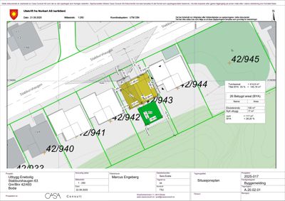 Situasjonsplan som viser tomtens grenser, nabobebyggelse, høydemål, bebygde areal (BYA) og eksisterende areal.