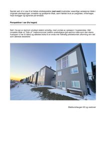 Fotografi av en rekke moderne eneboliger sett fra hagen mot sør. Bildet viser fasader, taklinjer og beplantning i et snødekt landskap.