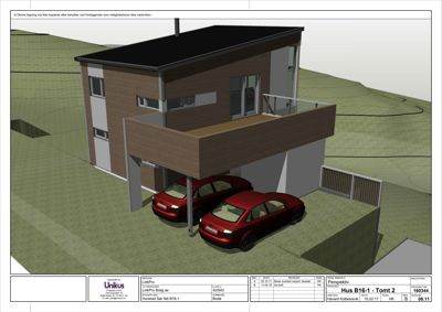 3D-visualisering (perspektivtegning) av en bolig med garasje og heis, inkludert bilmodeller for skala.