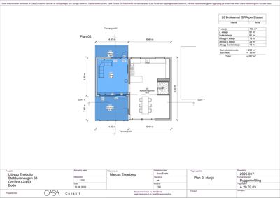 Etasjeplan (Plan 02) for en utbygging av enebolig, som viser romfordeling, dimensjoner og arealoppdeling.