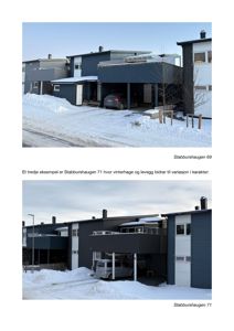 Fotografier av to ulike hus (Stabburshaugen 69 og 71) sett fra utsiden, med snø på bakken.