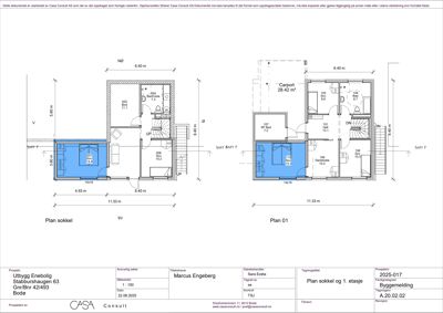 Etasjeplaner (sokkel og 1. etasje) med romfordeling, dører, vinduer og mål.