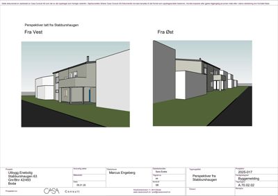 3D-perspektivtegning (rendering) av et nytt bygg fra to vinkler (fra vest og fra øst).