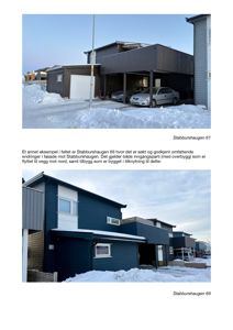 Fotografier av eksisterende eller ferdigstilte hus i Stabburshaugen med snødekke, illustrerende fasadeendringer og tilbygg.
