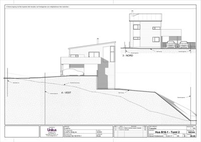 Snittegning som viser bygningens tverrsnitt, grunnforhold, terreng og fundament.