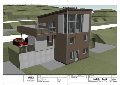 3D-visualisering (perspektiv) av en planlagt bolig med omgivende terreng.