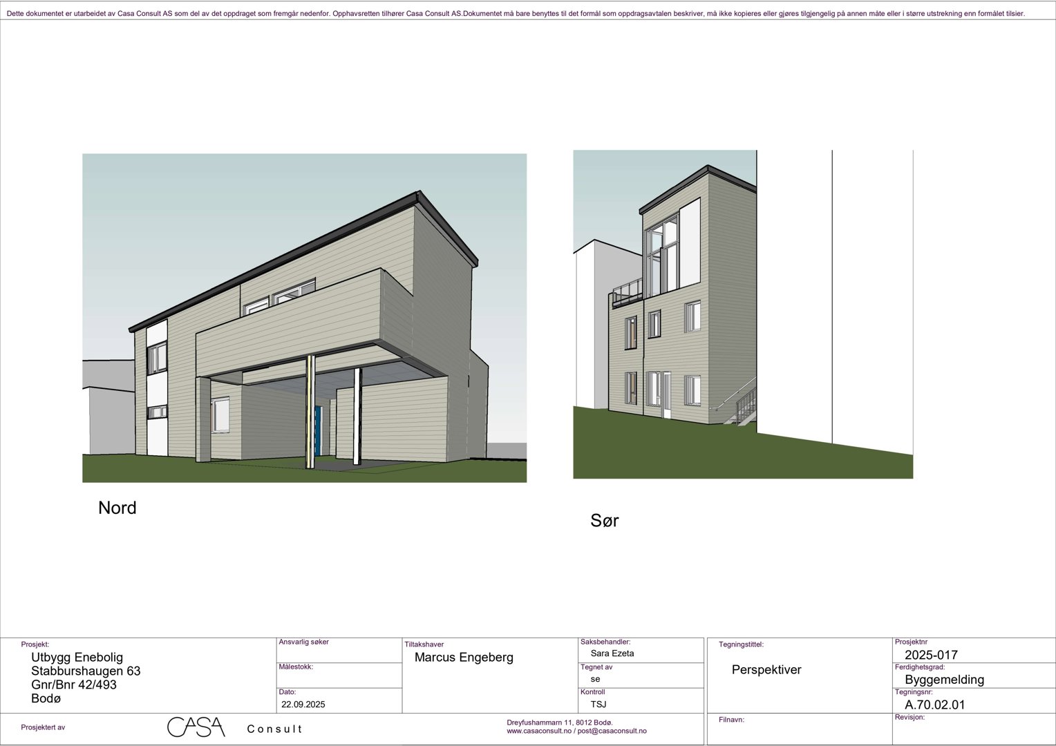 3D-visualisering (perspektivtegning) av en planlagt bolig med utsnitt mot nord og sør.