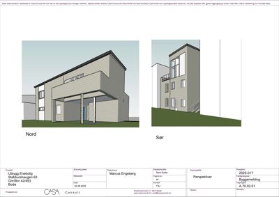 3D-visualisering (perspektivtegning) av en planlagt bolig med utsnitt mot nord og sør.