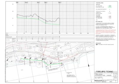 Situasjonsplan som viser tomtens form, grenser, høydekurver, eksisterende og planlagt spillvannsledning, samt plassering av bygninger og veier.