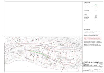 Situasjonsplan som viser tomtens høydemåler (konturlinjer), eksisterende og planlagt bebyggelse (hus), veier og stier.