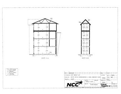 Snittegning (SNITT A-A og SNITT B-I) som viser bygningens tverrsnitt, høyder, romfordeling og konstruksjon.
