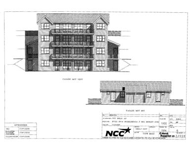 Fasadetegning som viser bygningens utseende fra vest og øst.