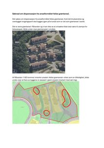 Dokumentet inneholder en søknad om dispensasjon og viser to bilder: et luftfoto og en situasjonsplan med overlagte arealmarkeringer.
