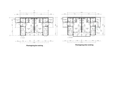 Bildet viser to etasjeplaner (1. etasje) med romfordeling og mål. Den venstre tegningen er merket 'Plantegning før endring' og den høyre 'Plantegning etter endring'.