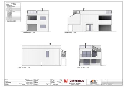 Fasadetegning som viser bygningens utseende fra fire ulike vinkler (øst, sør, nord, vest) med mål 1:100.