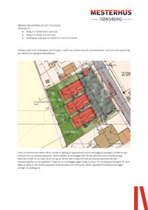 Situasjonsplan som viser tomt, nabobebyggelse og plassering av boligene (rødt og grønt).