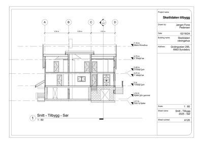 Snittegning som viser tverrsnittet av en bygning (Sør-siden) med høydemål og romfordeling.