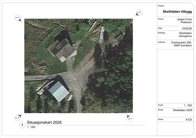 Situasjonskart som viser tomtens beliggenhet, eksisterende bebyggelse og planlagt utvidelse av Skeilidalen våningshus.