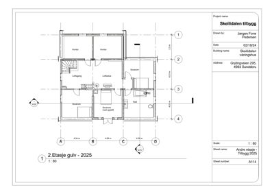 Etasjeplan (gulvplan) for 2. etasje av en bygning ved navn 'Skeildalen tilbygg'. Tegningen viser romfordeling, dører, vinduer og dimensjoner.