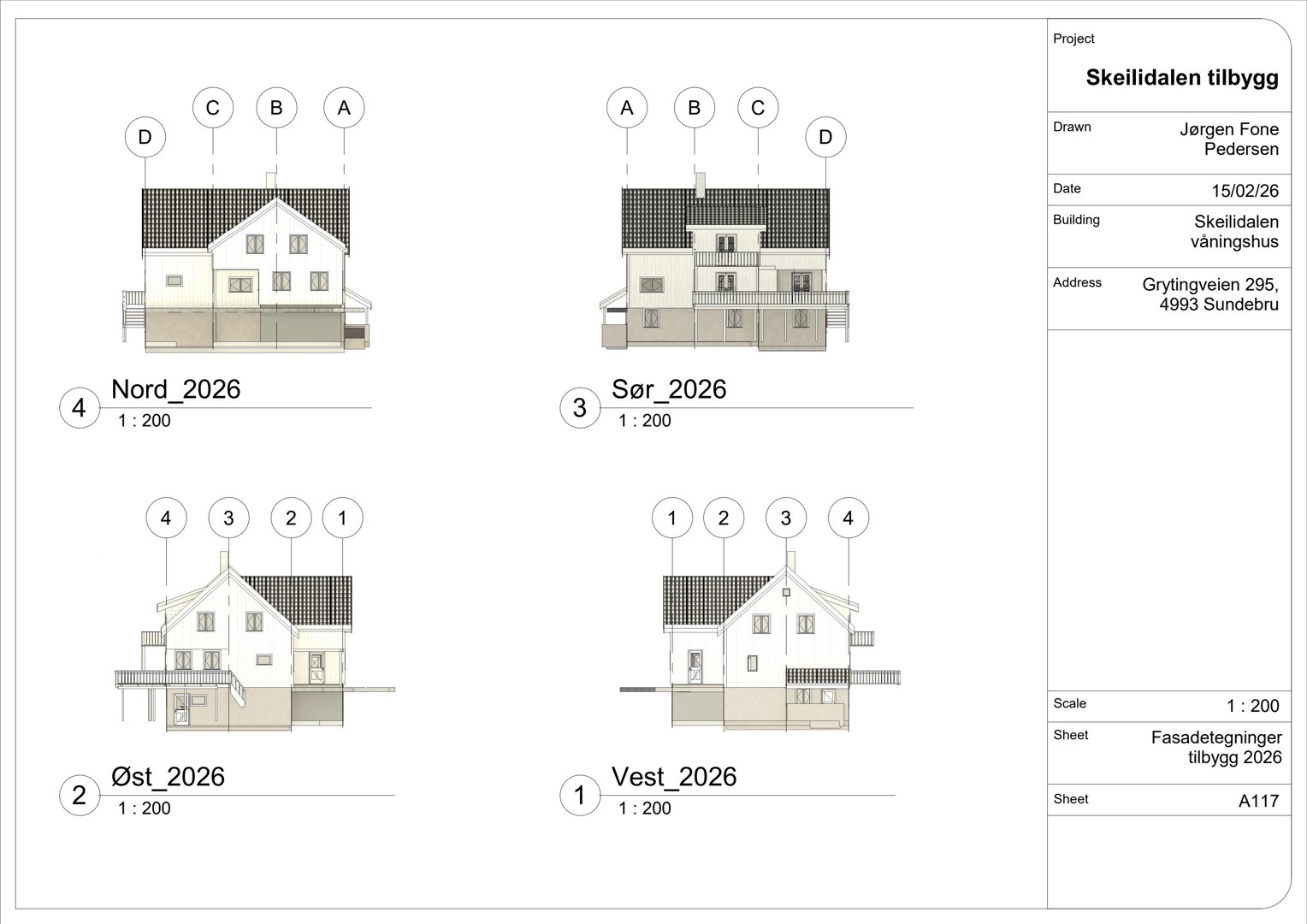 Fasadetegning som viser bygningens utseende fra fire ulike vinkler (Nord, Sør, Øst, Vest) med detaljer om tak, vinduer og fasadebehandling.
