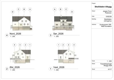 Fasadetegning som viser bygningens utseende fra fire ulike vinkler (Nord, Sør, Øst, Vest) med detaljer om tak, vinduer og fasadebehandling.
