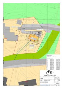 Situasjonsplan som viser tomtens grenser, nabolag, høydemål, bygningens plassering og koordinater.