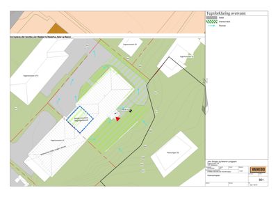 Situasjonsplan (overvannsplan) som viser bygningers plassering, tomtegrenser, grøntområder og overvannsledninger.