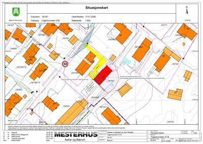 Situasjonskart som viser eiendommen Fagertunveien 37 B med omgivende tomter, vegnett og kommunale grenser.