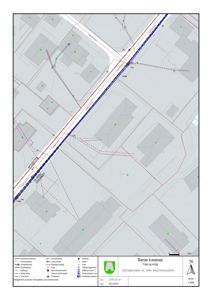 Kart over et område i Bærum kommune som viser eiendomsgrenser, vegnett og infrastruktur.