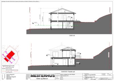 Tegning som viser tverrsnitt gjennom en bygning (Snitt A-A og Snitt B-B), inkludert høyder, terrengforhold og fasadeorientering.