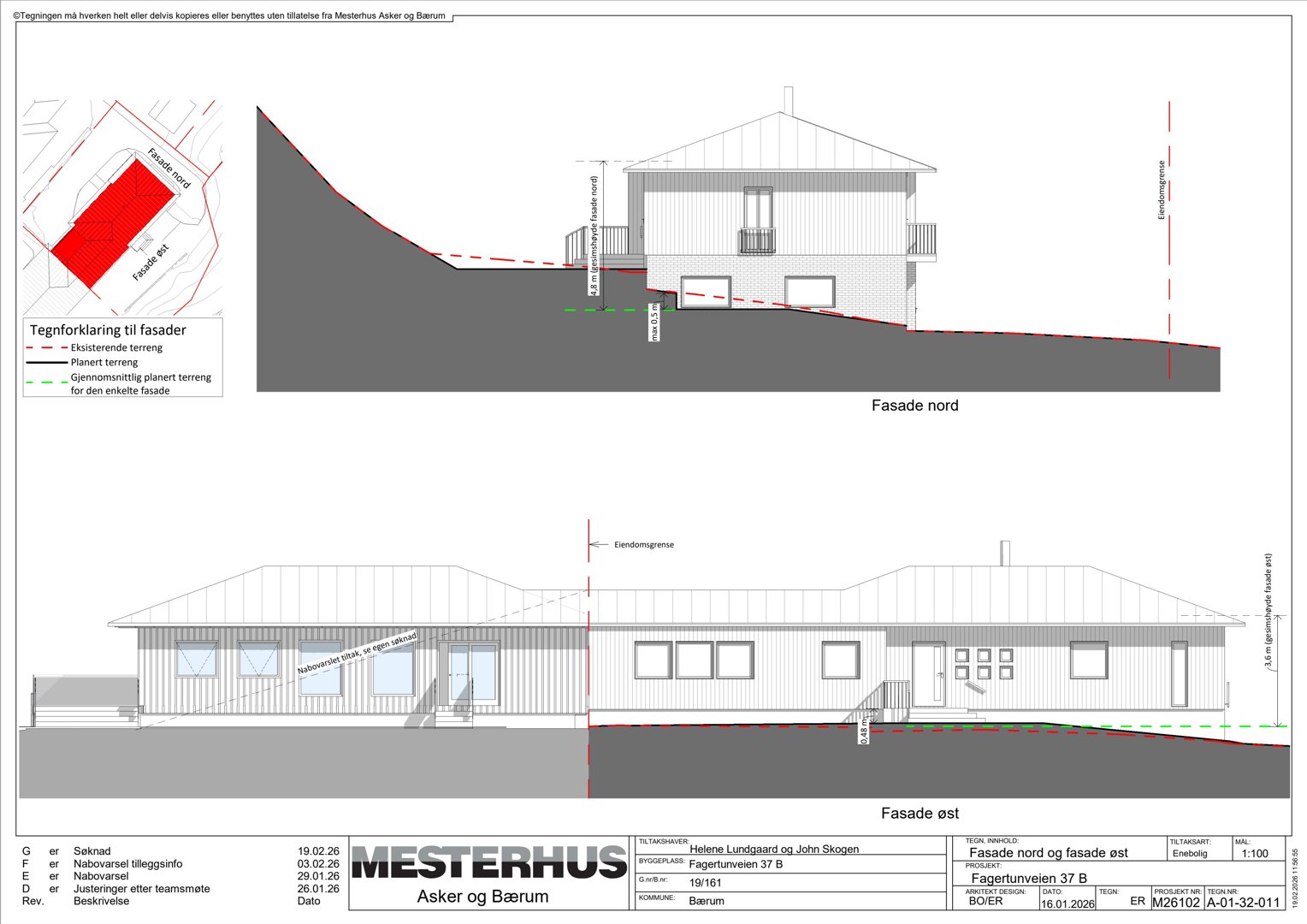Tegning som viser fasadeoppsett for en bygning sett fra nord og øst, inkludert terrengforhold og høydemål.