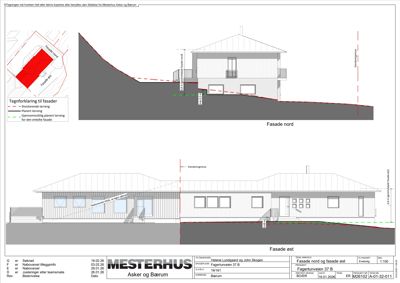 Tegning som viser fasadeoppsett for en bygning sett fra nord og øst, inkludert terrengforhold og høydemål.