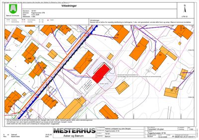 Situasjonsplan som viser VA-ledninger (vann og avløp) i området rundt Fagerlunneveien 37 B, med bygningstegninger, ledningsnett og topografi.