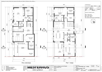 Plantegning som viser romfordeling og mål for første og andre etasje i en bolig.
