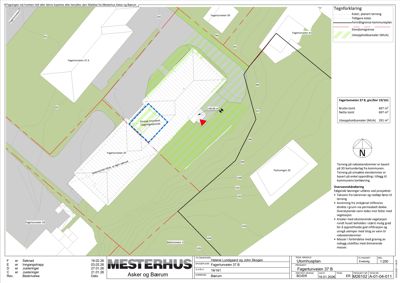 Situasjonsplan som viser tomtens grenser, naboeiendommer, bebyggelse og planlagt utbygging med tegnforklaring.