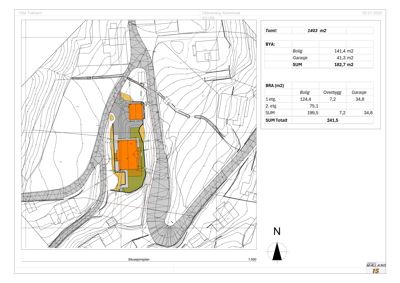Situasjonsplan som viser bygningens plassering på tomten, omgivende terreng (konturlinjer), vei og arealoppdelinger (BYA/BRA).