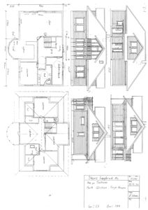 Tegning som viser fasadeopprikk (Sør, Vest) og etasjeplan for første etasje av en villa.