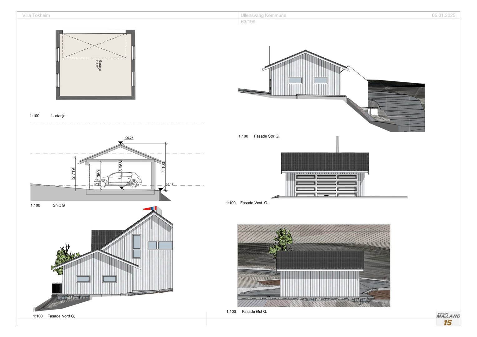 Fasadetegninger og snitt for en garasje (G1) med oppgitt skala 1:100.