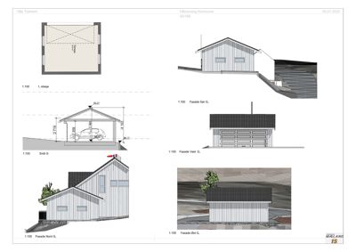 Fasadetegninger og snitt for en garasje (G1), inkludert utsnitt fra nord, vest og øst, samt et snitt (Snitt G) og et planutsnitt (1. etasje).