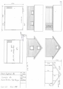 Tegning som viser detaljert oppriss av en garasje med mål på takkonstruksjon, døråpning og vegghøyder.