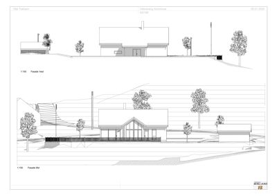 Tegning som viser fasadeopprikk (vest og øst) for Villa Tokheim med omgivende terreng og beplantning.