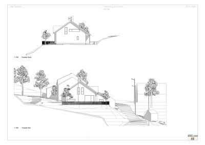 Tegning som viser fasadeoppriks (Nord og Sør) for Villa Tokheim, inkludert terrengforhold og trapper.