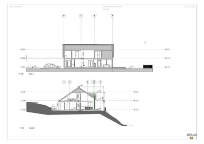 Snittegning (Snitt A og Snitt B) som viser bygningens tverrsnitt, høyder, takform og grunnplan.