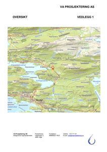 Kart over et geografisk område med vannveier, fjell og kommunegrenser, med en markert rute og et punkt.