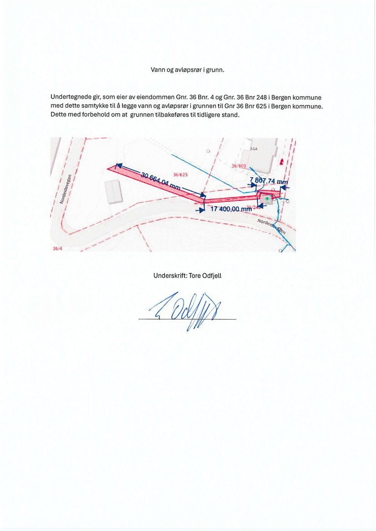 Situasjonsplan som viser eiendomsgrunnene (Gnr. 36 Bnr. 4 og Gnr. 36 Bnr. 248) i forhold til naboeiendommen (Gnr. 36 Bnr. 625). Planen illustrerer plassering av vann- og avløpsrør i grunnen med angitte mål.