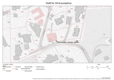 Kart over eiendomsgrenser, tomt og en planlagt vannledning (Grøt for VA til pumpehus).
