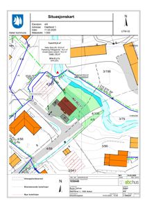 Situasjonskart som viser eiendomsgrenser, naboeiendommer, vegnett og topografi for Dælfaret 1 i Asker.