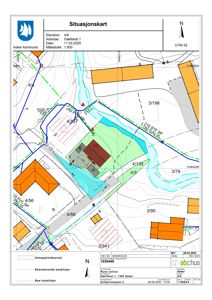Situasjonskart som viser eiendomsforhold, naboeiendommer, vegnett og bygningsplassering for eiendommen Dællfaret 1.