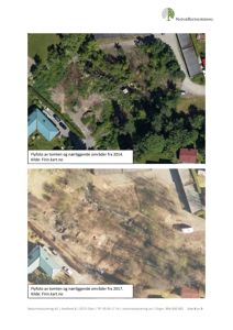 Bildet viser to flyfotografier av en tomt og nærliggende områder fra 2014 og 2017, som brukes for å dokumentere endringer i terreng og vegetasjon.