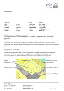 Situasjonsplan som viser eiendomsinndeling, regulert byggegrense og adkomstveier.